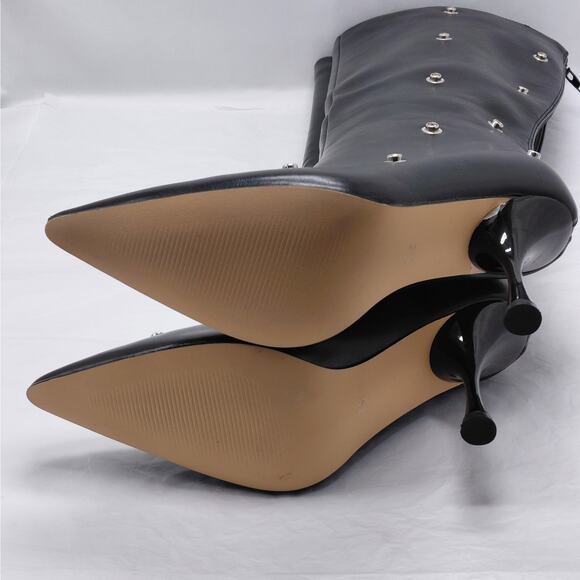 Black Studded Knee High Pointed Toe Stiletto Heel Boots Womens 7.5 Edgy Chic - Picture 5 of 9